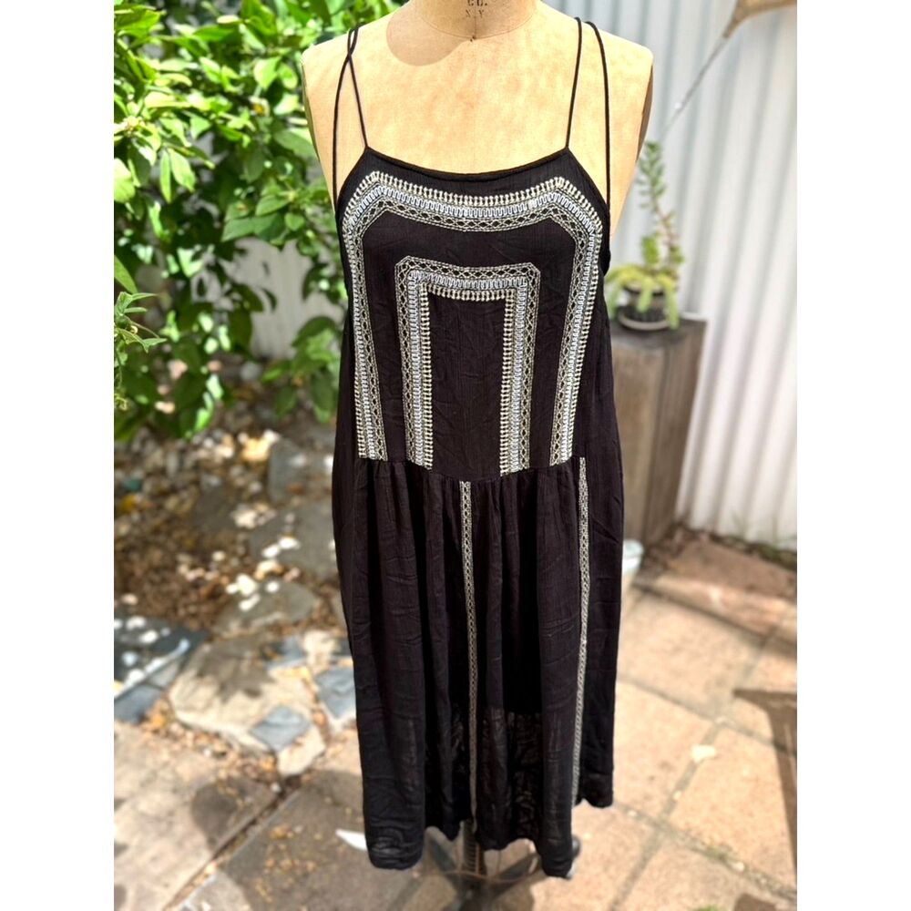 Anthropologie Antik Batik Galiana Blk Embroider Sleevlss Boho Midi Dress SZ 42 L
